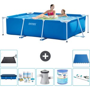 Intex Rechthoekig Frame Zwembad - 220 x 150 x 60 cm - Blauw - Inclusief Afdekzeil - Onderhoudspakket - Zwembadfilterpomp - Filter - Stofzuiger - Solar Mat - Vloertegels
