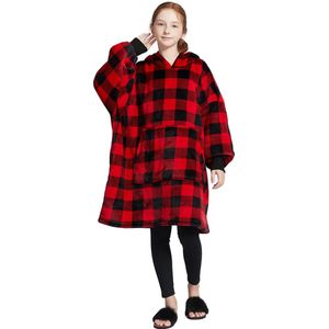 Noony Zwart en Rood Geblokte Hoodie Deken voor Kinderen - Kids - Fleece Deken met Mouwen - Hoodie Blanket - Jongens en Meisjes - Hoodie Deken met Capuchon - Huggle Hoodie - Ultra Zachte Fleece - Sinterklaas en Kerst Cadeau