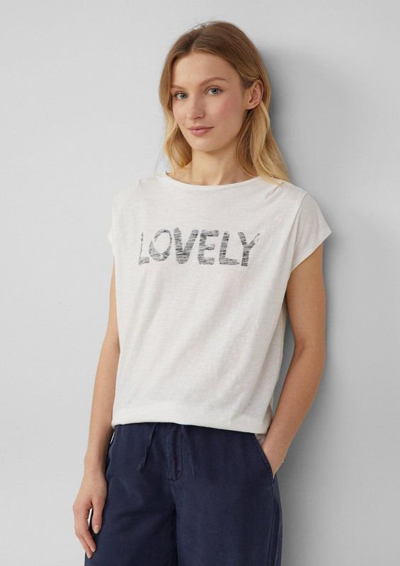 s.Oliver - Shirt - Ecru / Grijs Gemêleerd - Kwartmouw - Ronde Hals