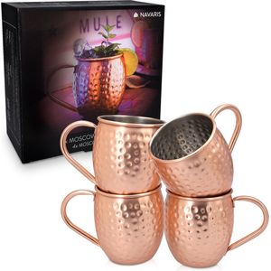 Navaris Moscow Mule bekers - Set van 4 - Cocktailbekers - Mok voor Moscow Mule en cocktails - Roestvrij staal - 4 koperen mokken