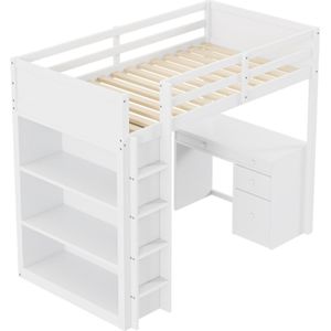 Gotagee Hoogslaper 90 X 200 cm met opbergkasten en computerbureau, multifunctioneel hoogslaper voor kinderen van hout in wit