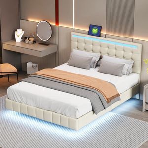 Sweiko 140 x 200 cm Kussen bed met LED Verlichting en een Zwevend bedframe ontworpen met hoofdeinde, Beige linnen plat tweepersoonsbed (zonder matras)