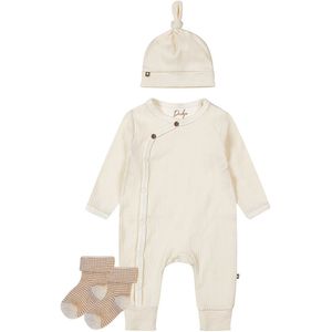 Dirkje - Noppies - Kledingset - Unisex Boxpak met mutsje Offwhite - 1 paar sokjes bruin gestreep - 62
