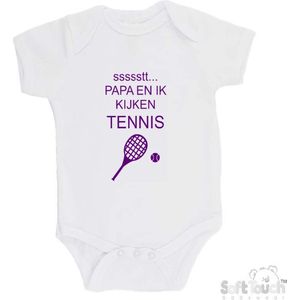100% katoenen Romper ""ssssstt... Papa en ik kijken tennis"" Meisjes Katoen Wit/paars Maat 56/62