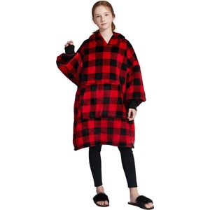 zwart-rood geblokte hoodie deken kinderen - fleece deken met mouwen - ultrazachte binnenkant - snuggie - one size fits all - kids - energie besparen
