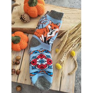 Warme 100% wol sokken Vos op blauw maat EU 40-42