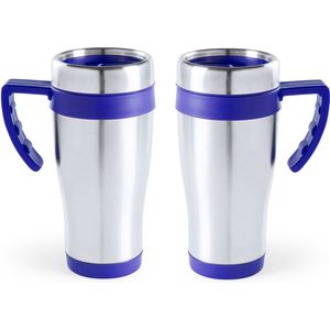 2x stuks rVS thermosbeker/warmhoud koffiebekers blauw 500 ml - Isoleerbekers/reisbekers