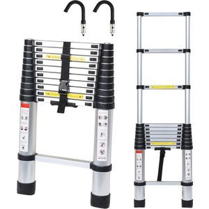 Telescopische Ladder - Telescoopladder - 3,2m zilver + haak, Compact en Draagbaar met Soft Closing Systeem, Geschikt voor Particulier en Professioneel Gebruik, Telescopische Vouwladder, Max. Belasting 150 kg