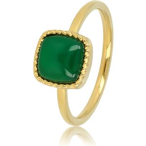 My Bendel - Goudkleurige ring met vierkanten Green Agate edelsteen - Opvallende ring met donker Green Agate edelsteen - Met luxe cadeauverpakking