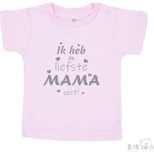 Soft Touch T-shirt Shirtje Korte mouw ""Ik heb de liefste mama ooit!"" Unisex Katoen Roze/grijs Maat 62/68