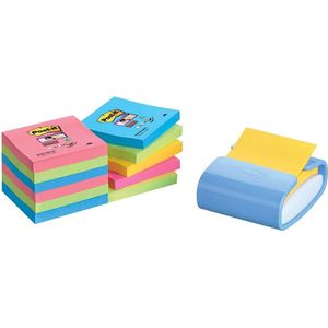 Pro Color Z-Notes dispenser, Periwinkle color + 12 Post-it® Super Sticky  Z-notes, Kleurenset Rio en Bangkok, 90 blaadjes