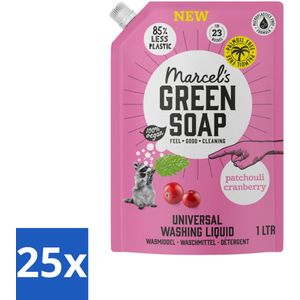 25 x Marcel's Green Soap - Vloeibaar Wasmiddel - Universeel - Navulling - Patchouli & Cranberry - Effectief & natuurlijk - 23 Wasbeurten - 1 liter - Wasmiddel - Navul - Duurzaam Wasmiddel - Palmolievrij - Geur Perzik En Jasmijn