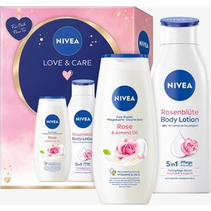 NIVEA Love & Care Geschenkset met hydraterende verzorgingsproducten Geschenkdoos met Care Shower en Rose Petal Body Lotion 650ml