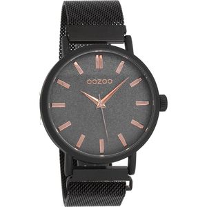OOZOO Timepieces - Zwarte horloge met zwarte metalen mesh armband - C10736