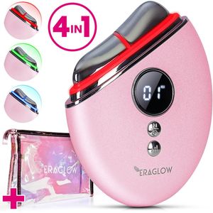 Eraglow® 4-in-1 Huidverjongingsapparaat – Gua Sha Gezichtsmassage - Facelift Apparaat - EMS Microstroom – Roze – LED-therapie – Warmte & Trilling - Anti-Aging Tool met Beauty Case – Voor Elk Huidtype