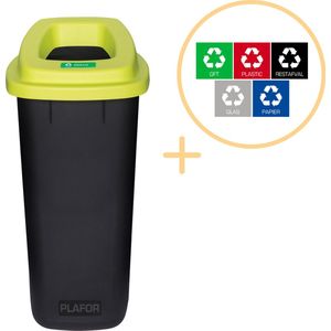 Plafor Sort Bin, Prullenbak voor afvalscheiding - 90L – Zwart/Groen - Inclusief 5-delige Stickerset - Afvalbak voor gemakkelijk Afval Scheiden en Recycling - Afvalemmer - Vuilnisbak voor Huishouden, Keuken en Kantoor - Afvalbakken - Recyclen