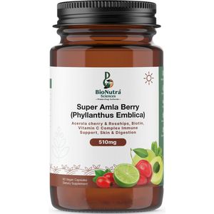 BioNutra Sciences Super advanced Amla/ Awla berry/ Indian Gooseberry, Acerola cherry, Rosehips, Indiase kruisbes, vitamine C complex, acerola kers extract,rozenbottelextract met 4000 mcg biotin, veganistische capsules capsules, rich in Vitamin C