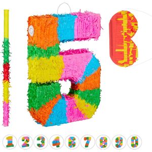 Relaxdays 3-delige pinata set - verjaardag - getallen pinata - nummer 4 - pinatastok