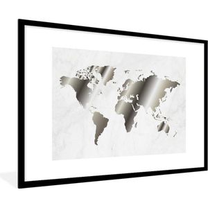 Fotolijst incl. Poster Zwart Wit- Wereldkaart - Zwart Wit - Marmer - 90x60 cm - Posterlijst