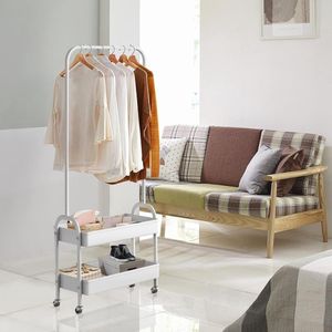 Wit kledingrek, kapstok met 2 metalen manden, stabiele kledingstang, kleine jasstandaard op wielen voor slaapkamer, wasruimte, woning en entree