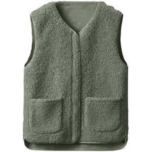 Dames Teddy Fleece Vest Mouwloos Warm Herfst Winter V-Hals Zip Vest met Zakjes