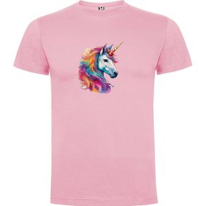 Zacht Roze T-Shirt met “Kleurrijke Prachtige Grote Eenhoorn – Sprookje “ Print Full Color Maat S