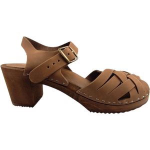 Betty heels nubuck leer coffee brown - hak 7cm - met hielriem - gevlochten - maat 41
