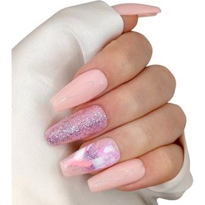 SD Press on Nails - B-140 - Plaknagels - Nagelset 20 Nagels - Nepnagels - Roze Glitter Swirl - Gellak - Nagellak - Lange Coffin Nageltips - Nepnagels met Lijm - Kunstnagels - Nail Art - Handmade - Valse nagels - Nagelvijl - Accessoires - Lange Nagels
