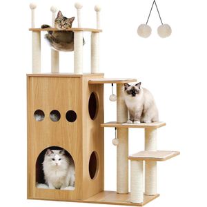 Kattenu MeowPalace houten krabpaal voor katten - 130 cm hoog - Krabpaal hout - kattenmeubel met krabpalen - Met kattenhuisje