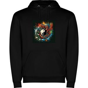 Zwarte unisex hoodie met “ Kleurrijke Yin Yang met Draak en Phoenix – Balans “ Print Full Color merk Roly maat M