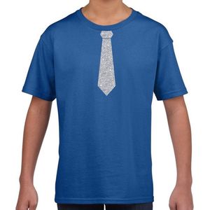 Blauw fun t-shirt met stropdas in glitter zilver kinderen - feest shirt voor kids 158/164