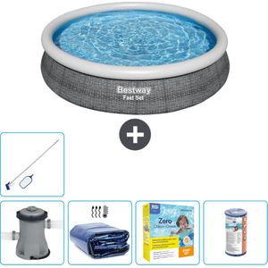 Bestway Rond Opblaasbaar Fast Set Zwembad - Rotanprint - 366 x 76 cm - Inclusief Pomp Solarzeil - Onderhoudspakket - Filter - Schoonmaakset