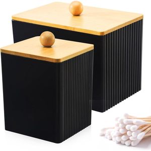 CSGoods - Opbergdispenser voor wattenschijfjes en wattenstaafjes - Multifunctionele badkamerorganizer - Acryl met bamboedeksel - Zwart
