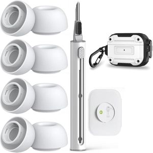 Allecto Plus - Accessoireset met oorkussens, beschermhoes en reinigingstool voor AirPods Pro/Pro 2 met karabijnhaak - Premium geschenkdoos (wit)