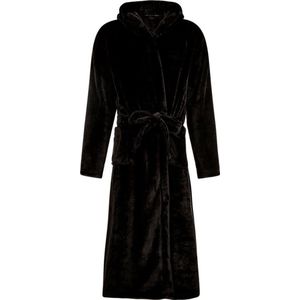 Badjas fleece - zwarte badjas met capuchon - flanel fleece badjas unisex maat S/M