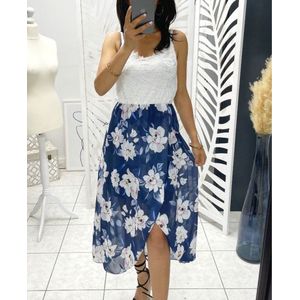 Exclusieve kanten jurk met bloemen - Wit/blauw - one size (36-40)