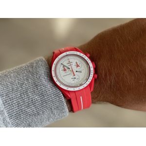20mm Curved rubber strap Red + White stripe Omega x Swatch Moonswatch - Gebogen rubber horloge band