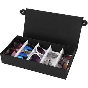 Practical 5 Slots Sunglasses Display Organizer - Black Storage Box for Multiple Glasses - Eyeglasses Jewelry Collection Holder for Dresser Closet Travel