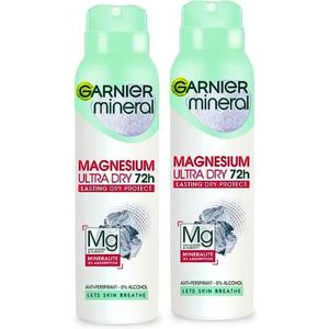 Garnier Mineral Magnesium Ultra Dry Anti Transpirant Body Spray - 72H Extra Antiperspirant Bodyspray voor Frisheid en Bescherming - Zonder Ethyl Alcohol - 2 x 150 ml