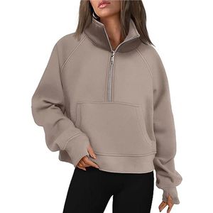 Dames sweatshirt met halve rits en duimgat - Fleece kwart rits cropped hoodie voor herfst en winter