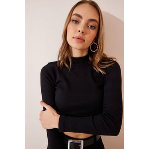 Happinessistanbul Donkerbruine, Geribbelde Crop-Gebreide Damesblouse Met Col Gt00059