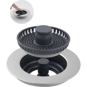 Verbeterde keukenplugzeef - roestvrijstalen 3-in-1 afvoerstop - vervanging voor voedselafvalvanger - geschikt voor gootstenen 70 mm-86 mm - diepte > 22 mm Gootsteen zeef