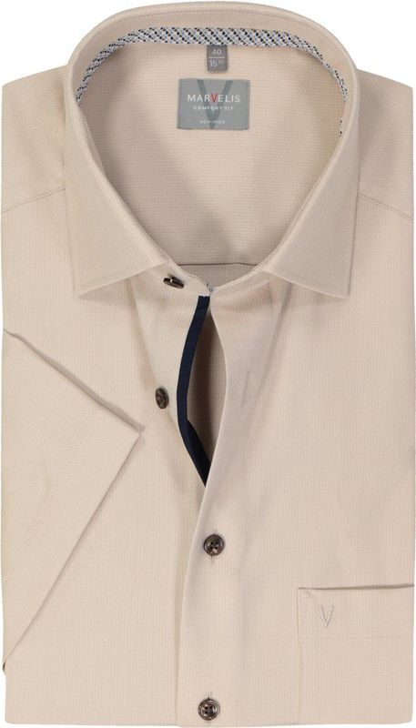 MARVELIS - Comfort Fit - Overhemd - Beige - Korte Mouw - Structuur