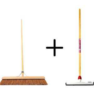 Synx Tools Coco Binnenbezem 60cm + Vloertrekker Kunststof 35cm met Steel 120cm - Zaalveger – Vloerreiniger – Natuurrubber – Zachte bezem kokos met steel 150cm