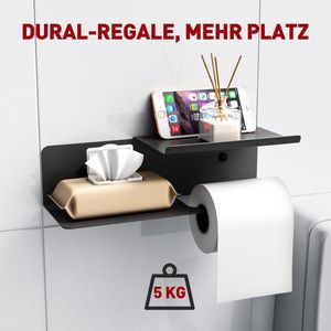 Toiletpapierhouder met dubbele plank, wc-papierhouder incl. opslag voor vochtige doekjes, 30 x 10 cm, wc-papierhouder, voor montage door boren en zelfklevend, voor badkamer en keuken, zwart