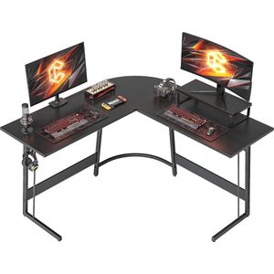 Hoekbureau studie 120 x 120 cm, stabiel bureau l vorm voor kantoor, pc-hoektafel computertafel met monitorstandaard en laden, ruimtebesparend, eenvoudig te monteren hoektafel, zwart