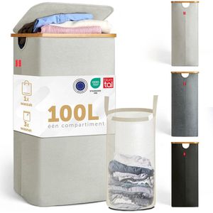 Blumtal Wasmand 100L - Wasmand met uitneembare waszak - Smalle wasmand - Flesverzamelaar - Wasmand met deksel - Beige