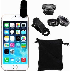 New Age Devi - 3-in-1 zwarte universele lens clip - Fish eye, 0,67x wide en macro lens - voor elke smartphone met handig opbergzakje!