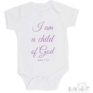 100% katoenen Romper ""I am a child of God John 1:12"" Meisjes Katoen Wit/lila Maat 62/68
