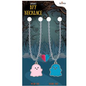 Bixorp Friends BFF Ketting voor 2 met Roze & Blauwe Spookjes - Magnetisch Hartje Vriendschapsketting - Koppel Ketting Cadeau - Zilver - 45+5cm